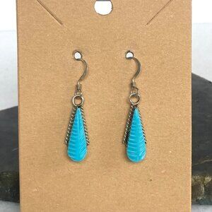 Sterling Silver 925 Dainty Southwest Style Carved Blue Leaf Dangle Earrings